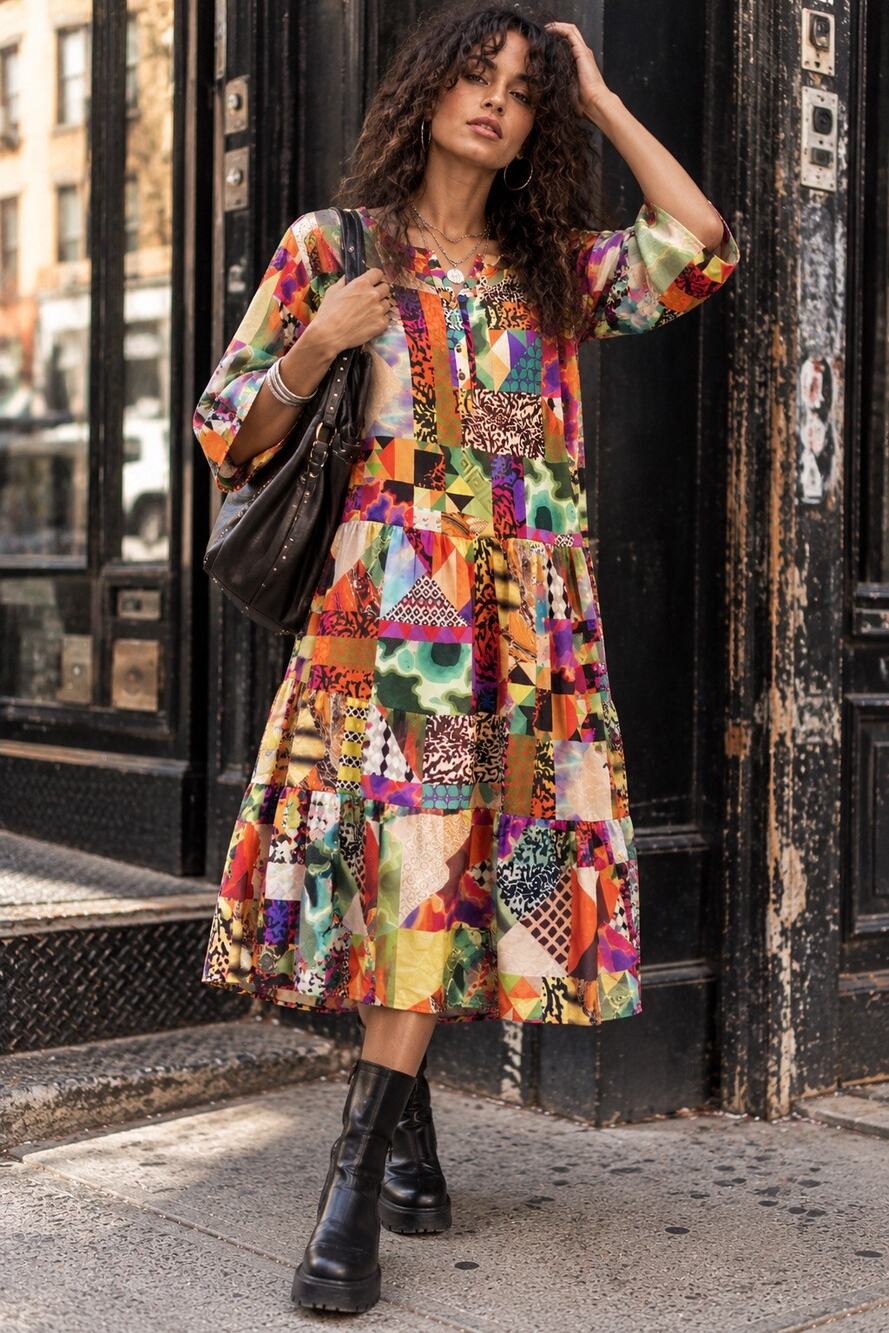 Madeleine Colorful Patchwork Midi Dress Maximalist Abstract Tiered 3/4 Sleeve